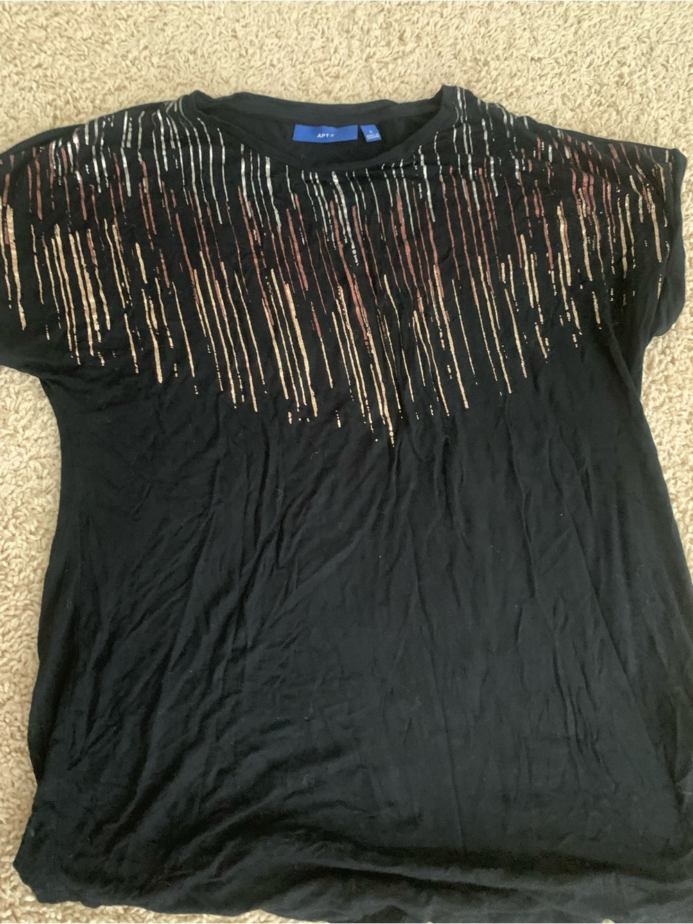 Apt 9 thin shiny Black Tee with Metallic Gold & Copper Drip Stripes BNWOT